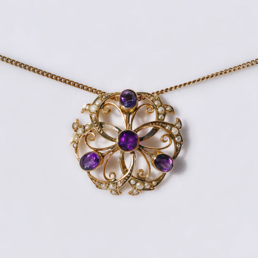 Antique Edwardian 9ct Yellow Gold Amethyst and Seed Pearl Necklace