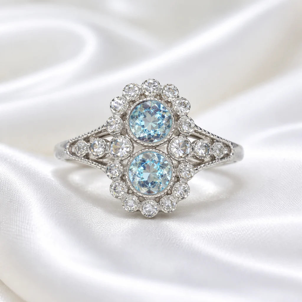 Edwardian Reproduction Aquamarine and Diamond 18ct White Gold Ring | Size N ½