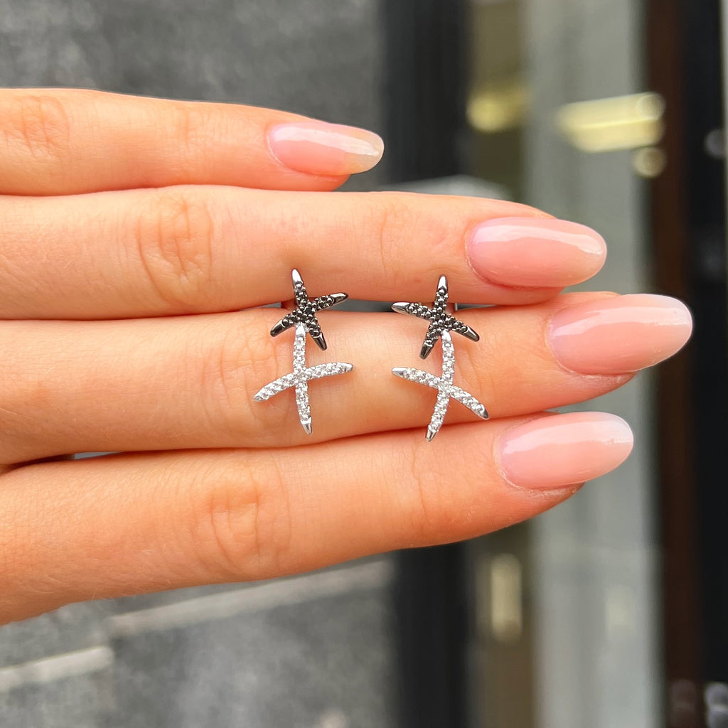 Vintage Black & White Diamond 9ct White Gold Kisses Stud Earrings
