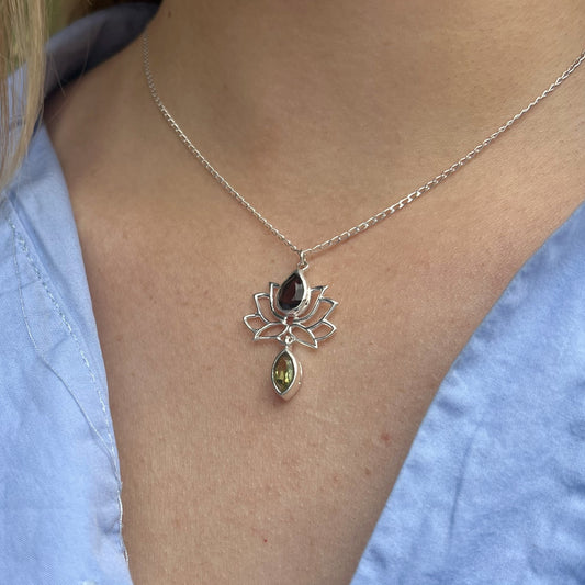 Sterling Silver Topaz and Peridot Lotus Necklace