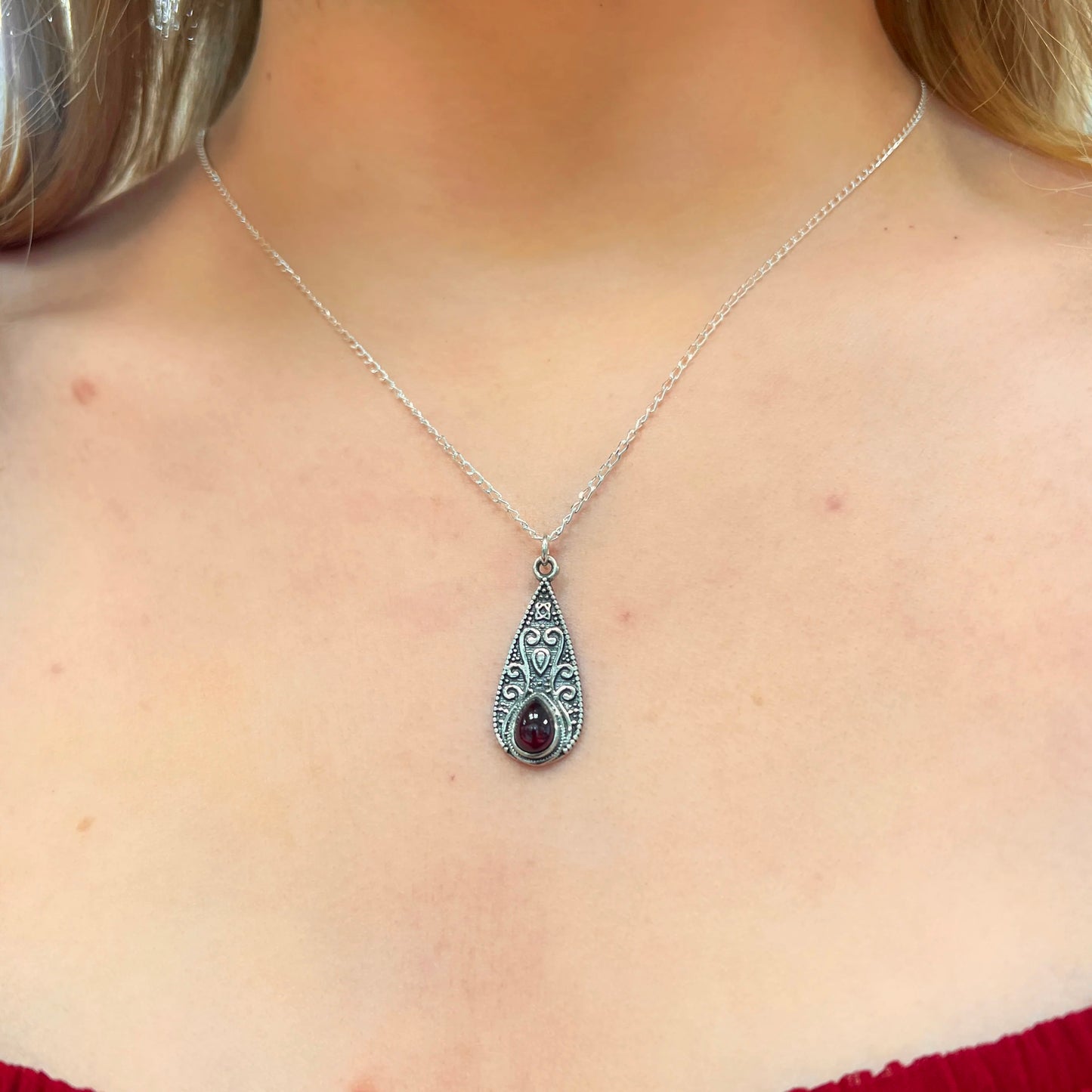 Boho Inspired Pear Shaped Sterling Silver Red Garnet Shield Necklace