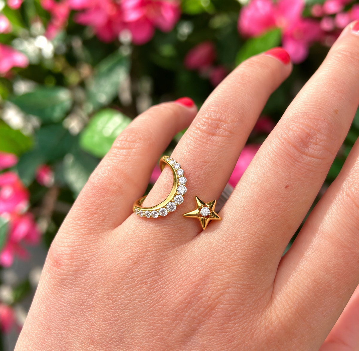 Gold on Silver Sparkling Moon and Star Adjustable Ring | Ania Haie