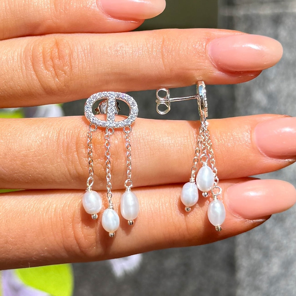 Freshwater Pearl & Cubic Zirconia Halo Sterling Silver Stud Earrings