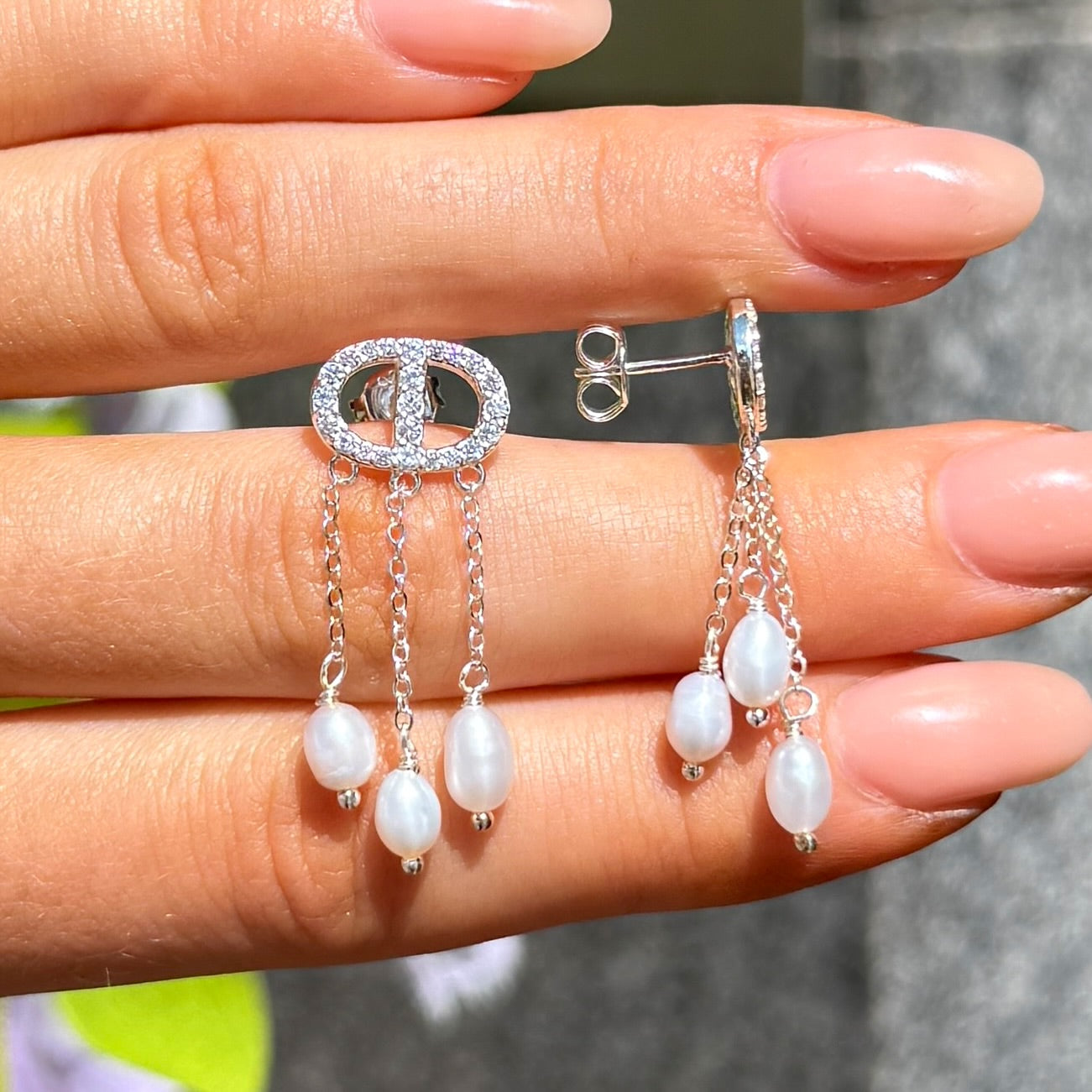 Freshwater Pearl & Cubic Zirconia Halo Sterling Silver Stud Earrings