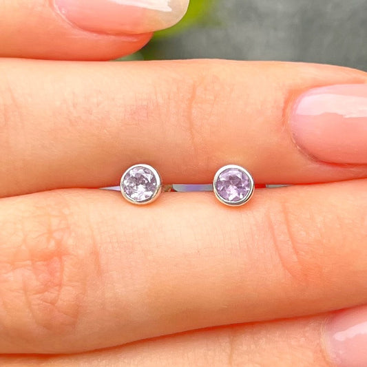 Dainty Lilac Amethyst Sterling Silver Round Stud Earrings