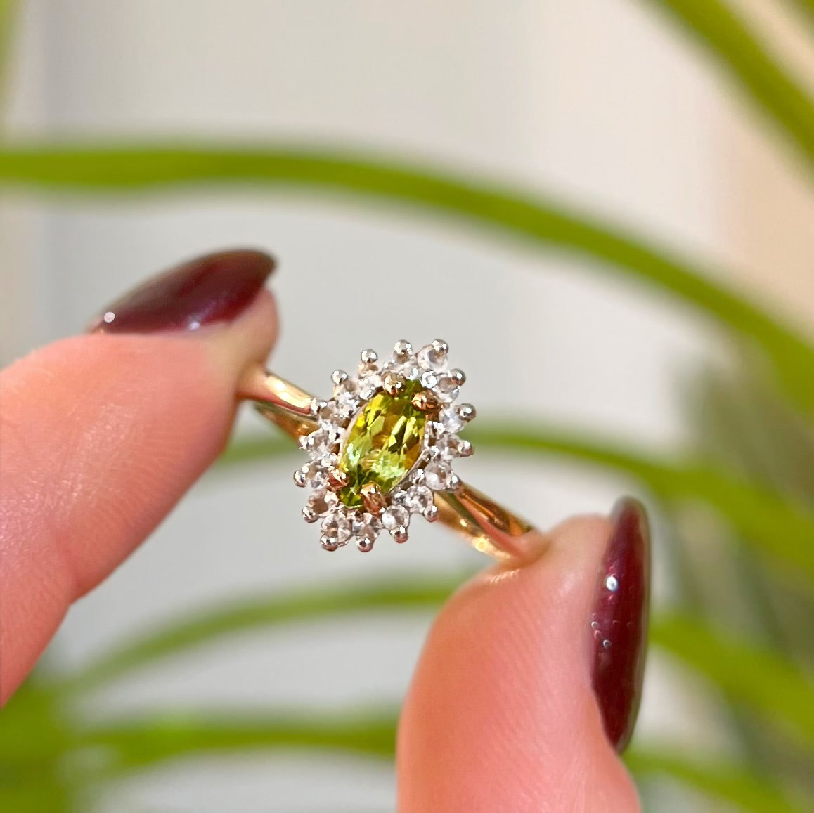 RESERVED | Vintage 9ct Yellow Gold Marquise Peridot and White Topaz Cluster Ring - Size N