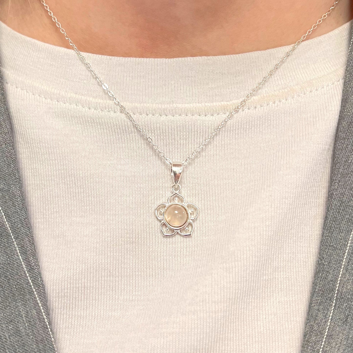 Pink Rose Quartz Sterling Silver Flower Necklace