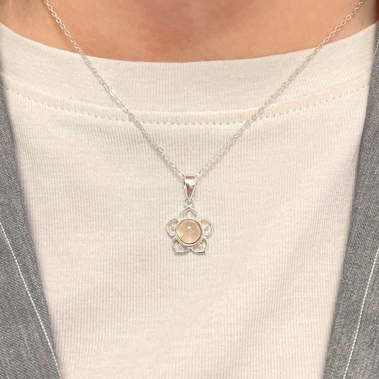 Pink Rose Quartz Sterling Silver Flower Necklace