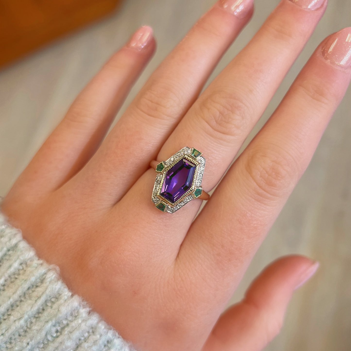 Art Deco Inspired 9ct Yellow Gold Amethyst Emerald and Diamond Ring- Size N