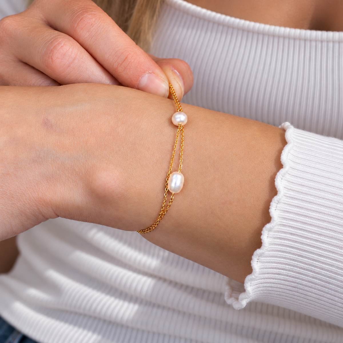 Pearl 9ct Gold Plated Sterling Silver Dainty Chain Bracelet