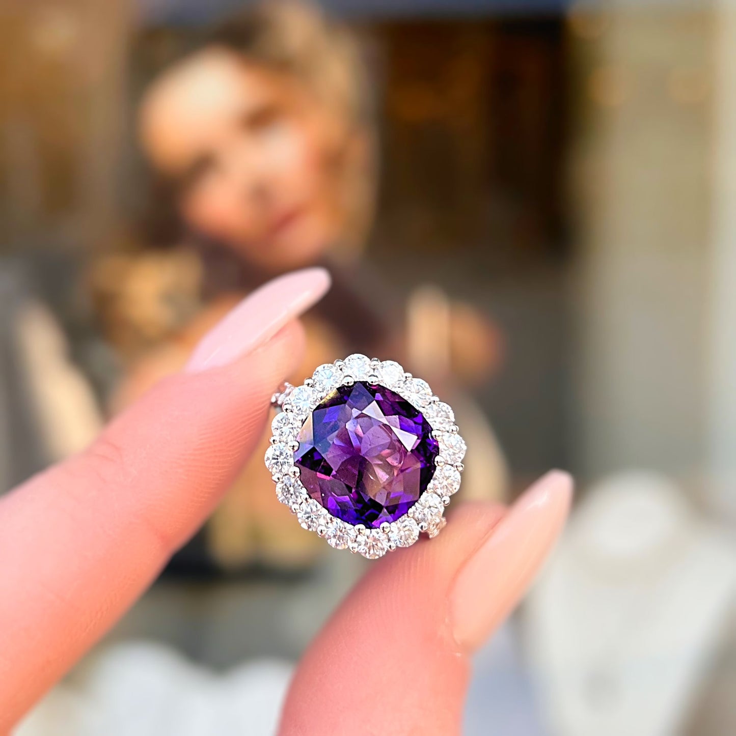 'Elizabeth' Ring - Spectacular 18ct White Gold Amethyst and Diamond Statement Dress Ring – Size N 1/2