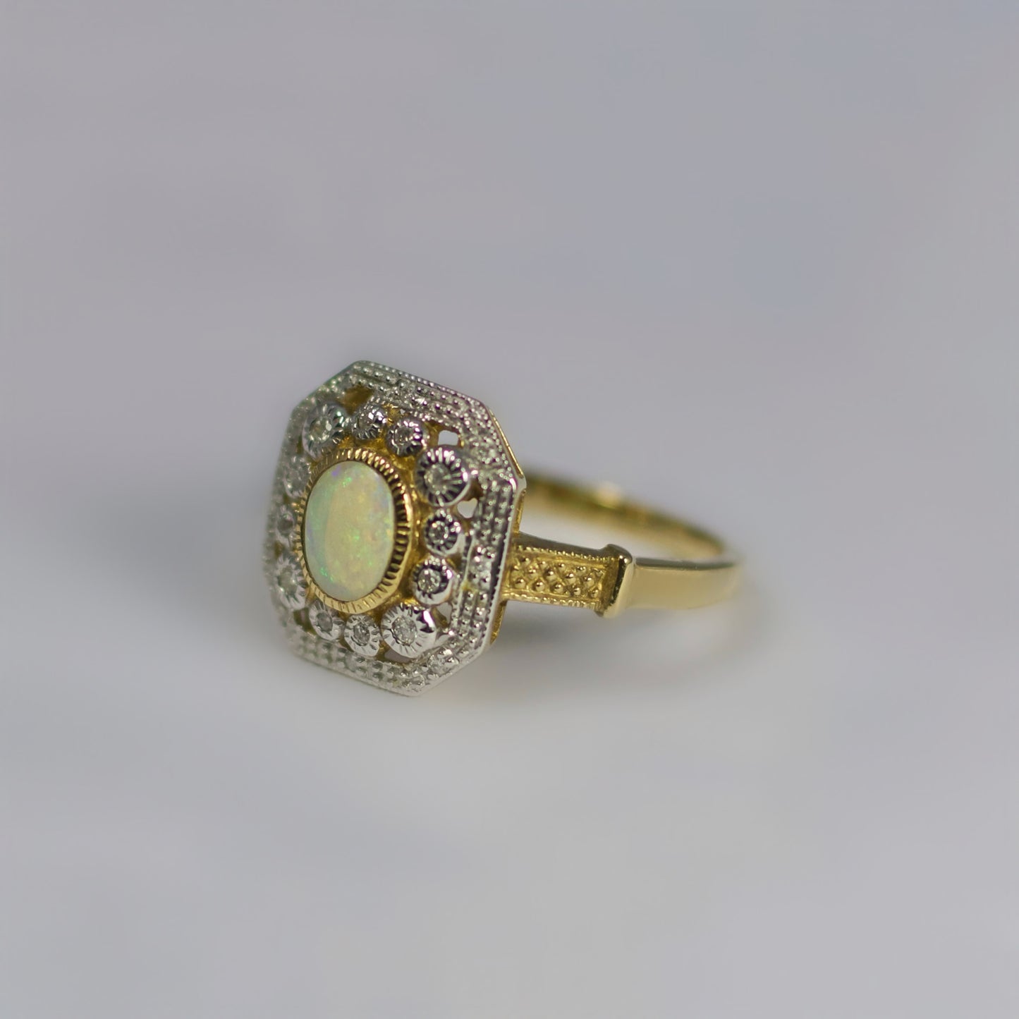 Opulent Art Deco Inspired 9ct Yellow Gold Octagonal Opal and Diamond Cluster Ring - Size O