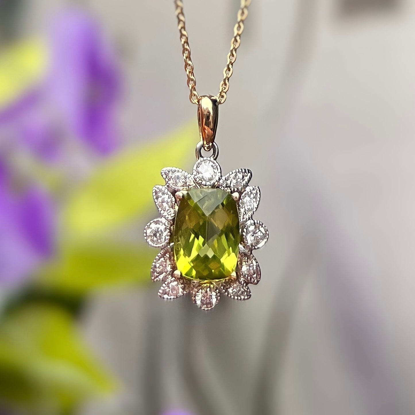 9ct Yellow Gold Peridot and Diamond Necklace