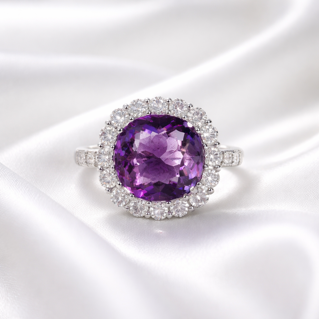 'The Elizabeth' Amethyst and Diamond 18ct White Gold Dress Ring | Size N ½