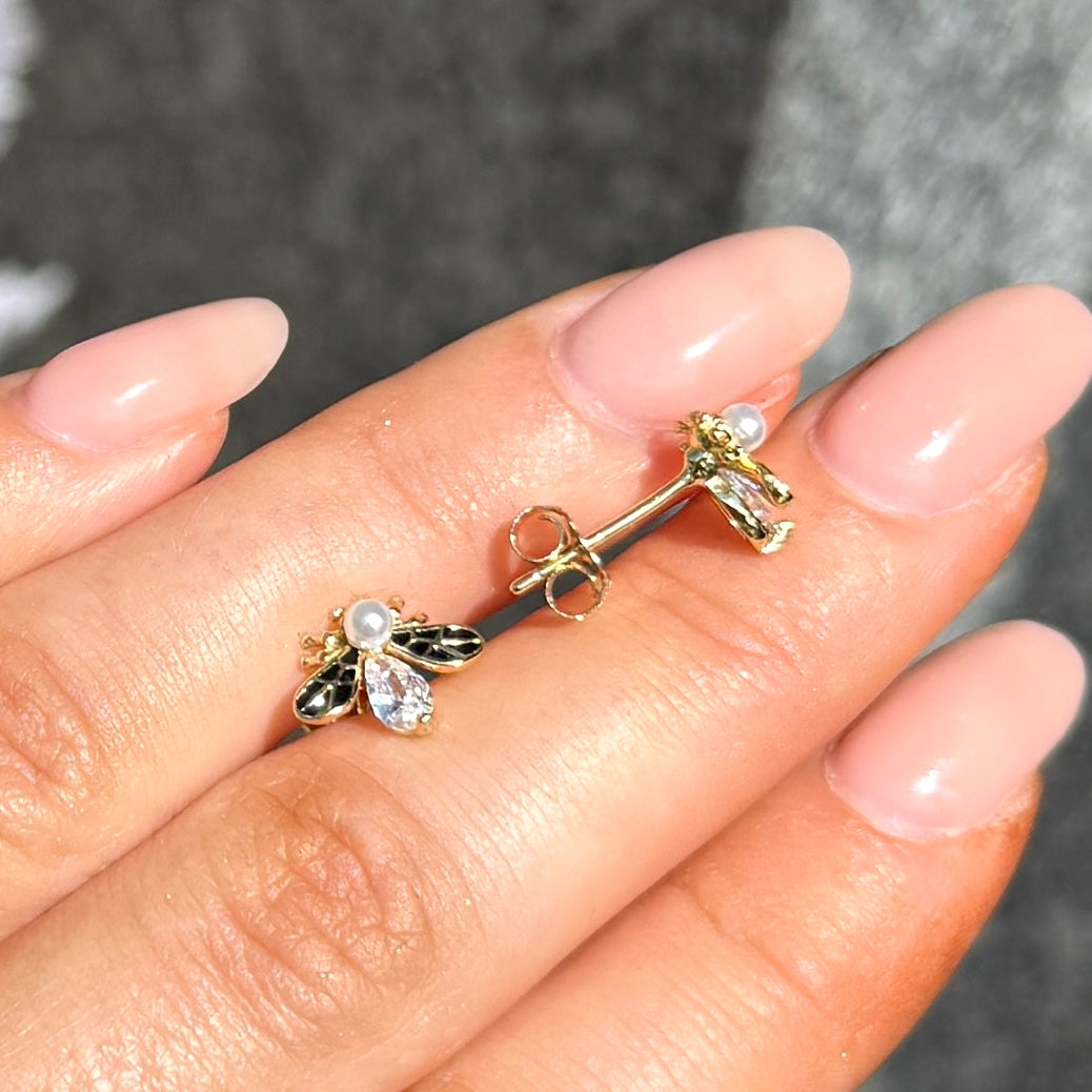 Pearl & Cubic Zirconia Bee Sterling Silver Stud Earrings