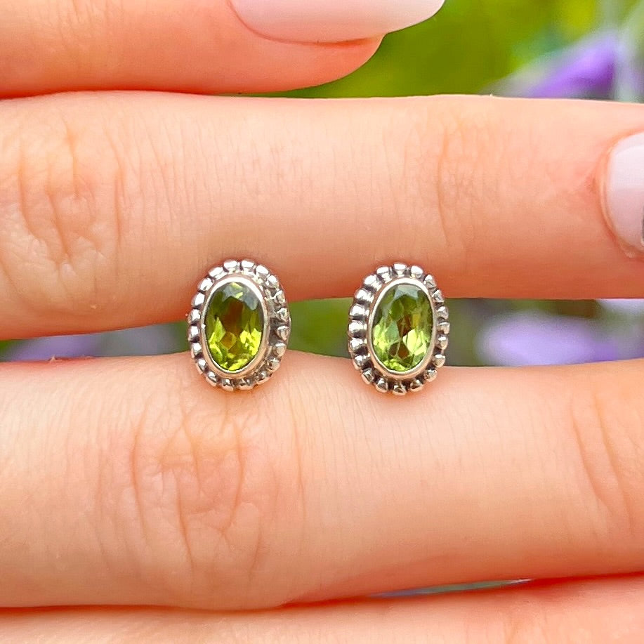 Minimalistic Dainty Boho Sterling Silver Peridot Stud Earrings