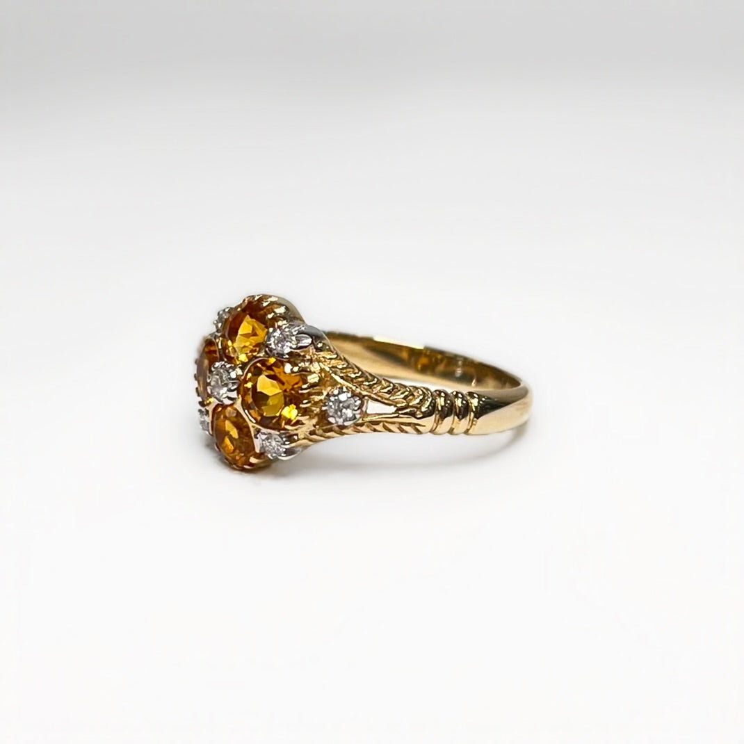 Victorian Inspired 9ct Yellow Gold Citrine and Diamond Forget-me-not Ring - Size M 1/2