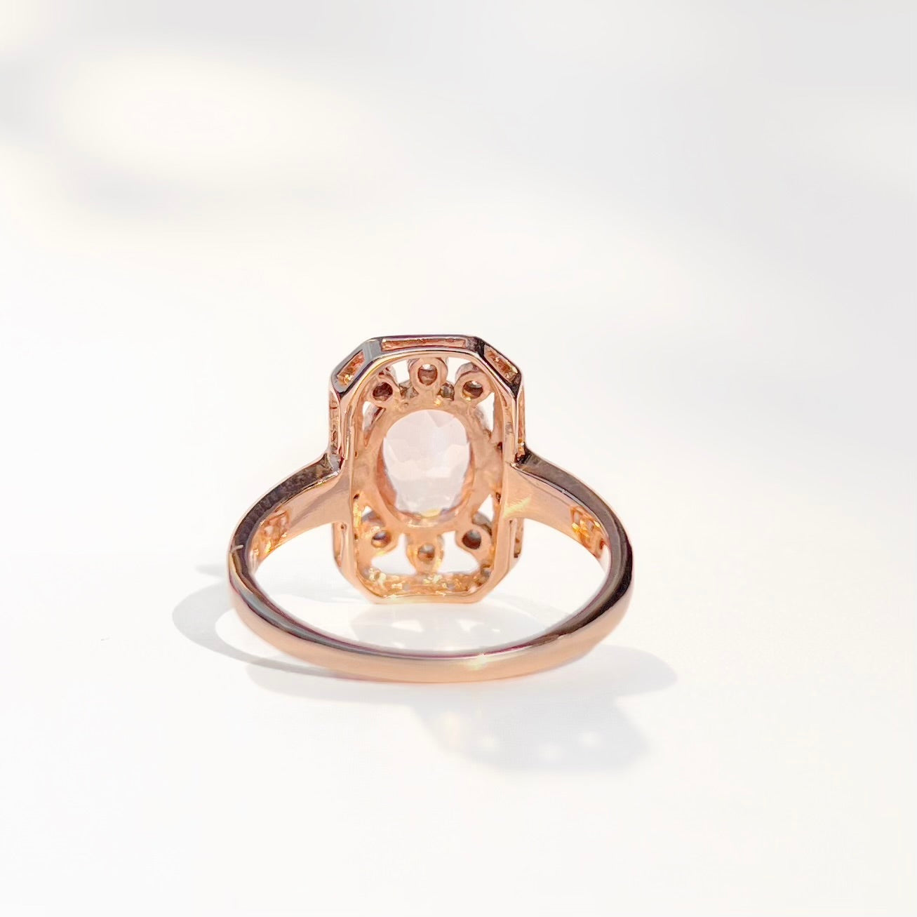 Art Deco Inspired Morganite and Diamond 9ct Rose Gold Ring | Size N ½
