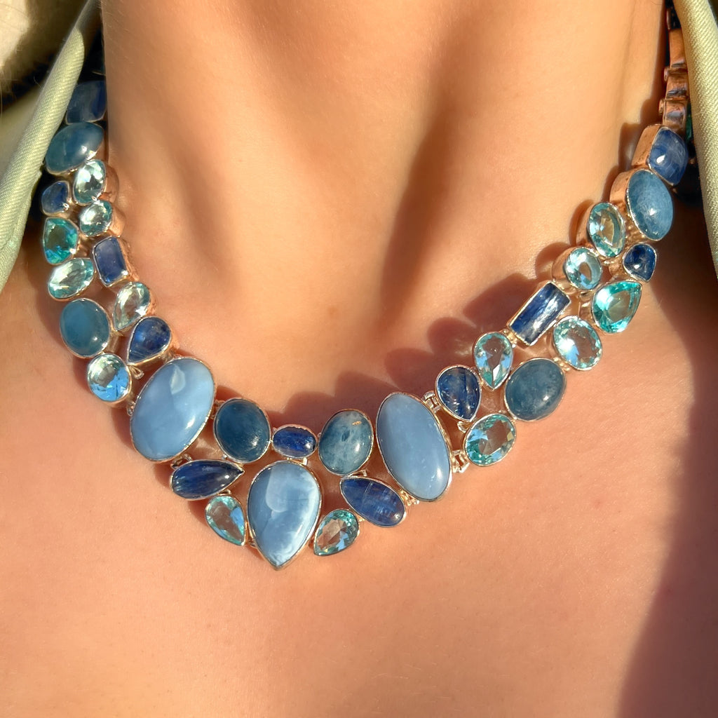 Blue Topaz, Kyanite & Owyhee Opal Sterling Silver Chunky Collar Necklace