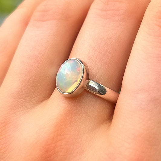 Sterling Silver Simple Bezel Set White Opal Ring - Size Q