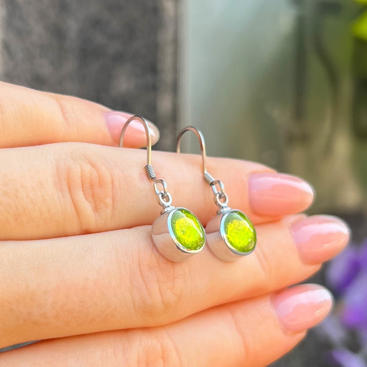 ‘Watch This Space’ Small Green Round Drop Earrings