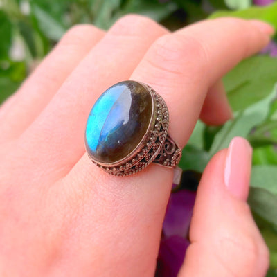 Boho Oval Blue Labradorite Sterling Silver Chunky Ring | Size O ½