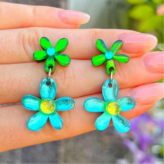 ‘Watch This Space’ Green & Blue Flower Earrings