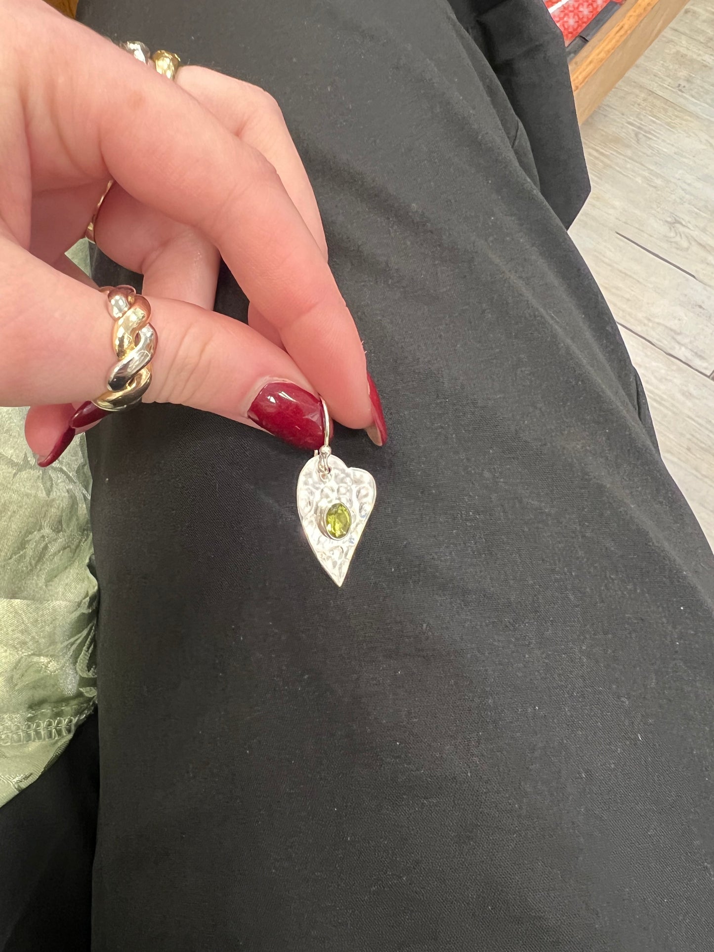 Sterling Silver Peridot Hammered Heart Necklace