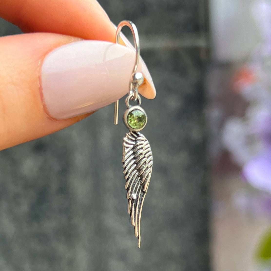 Dainty Sterling Silver Feather Wing Green Peridot Drop Earrings