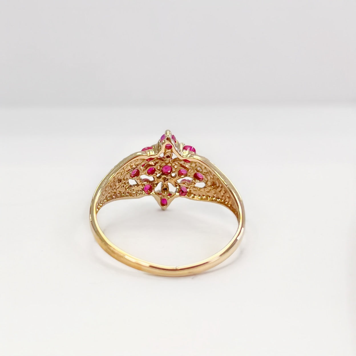 Unusual Vintage 9ct Yellow Gold Ruby and Diamond Ornate Cluster Ring - P