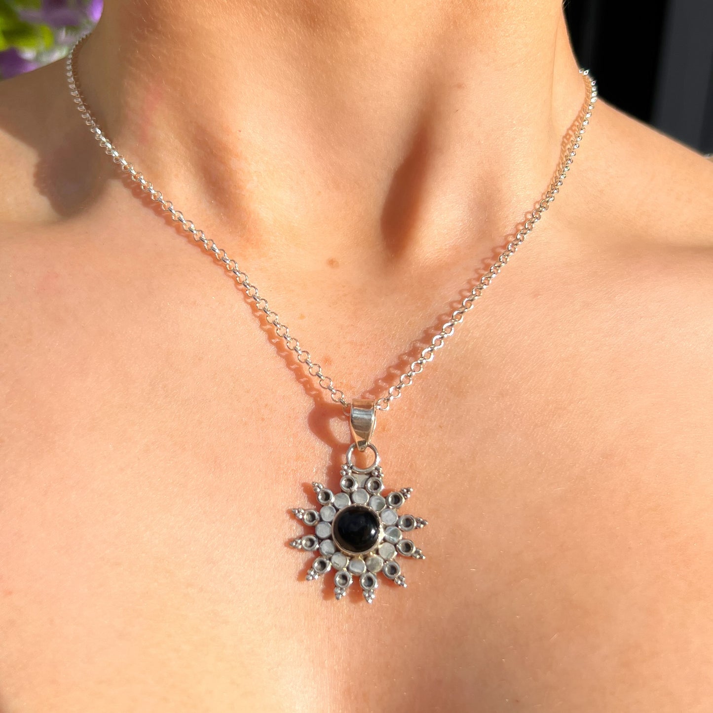 Sterling Silver Black Onyx Mandala Sun Necklace