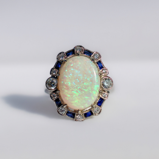 Platinum Opal, Sapphire and Diamond Art Deco Reproduction Ring - Size N 1/2