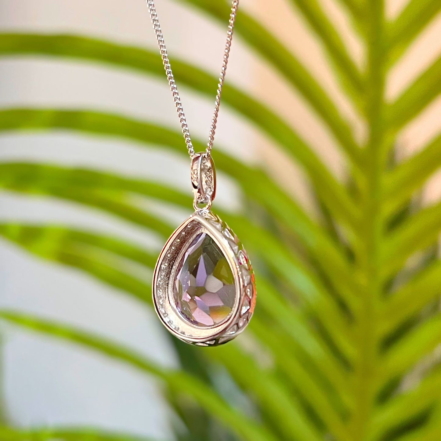 Sparkling Sterling Silver Pear Shaped Amethyst and Cubic Zirconia Necklace