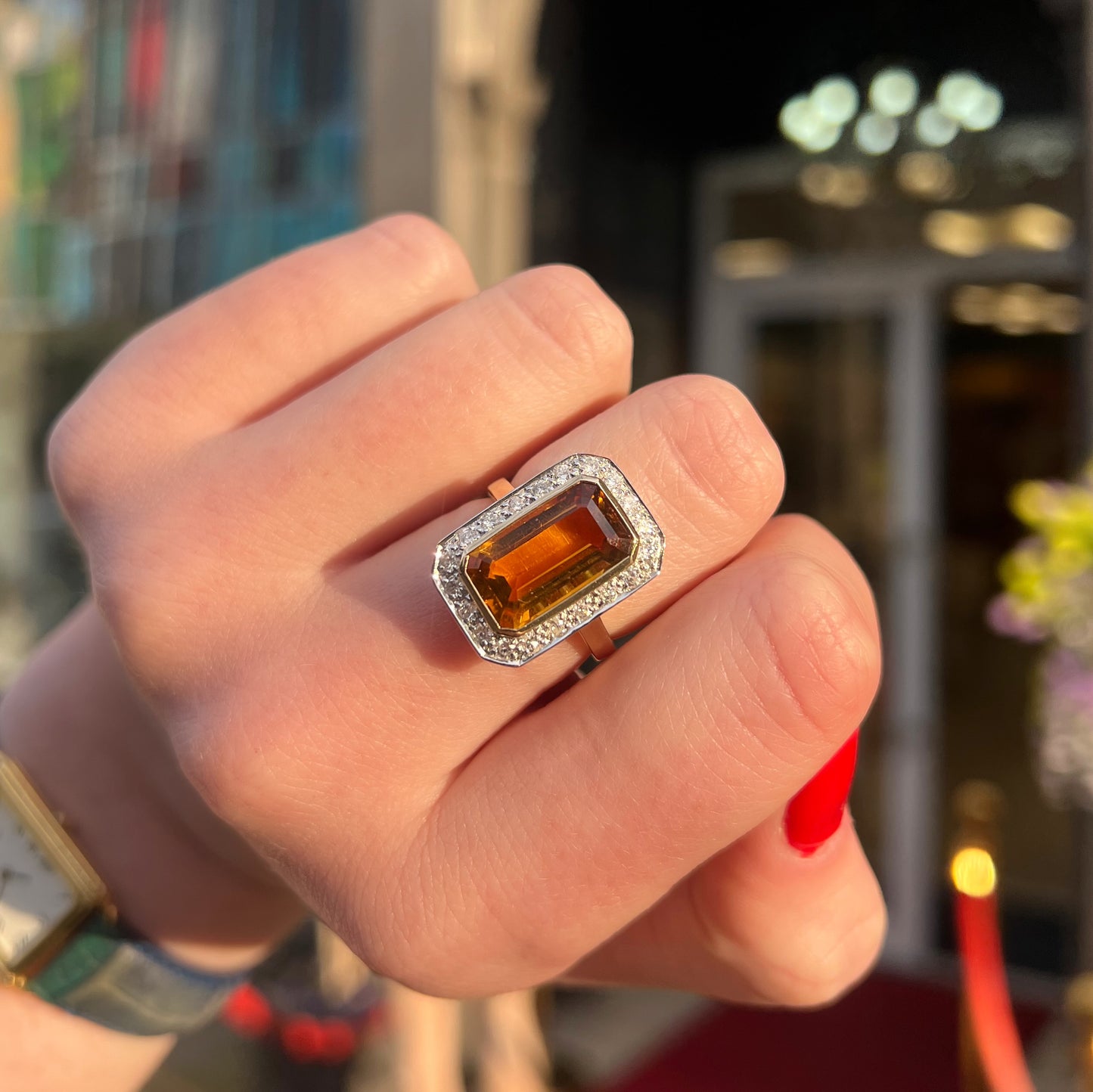 Art Deco Inspired 9ct Yellow Gold Madeira Citrine and Diamond Halo Cocktail Ring - Size N ½