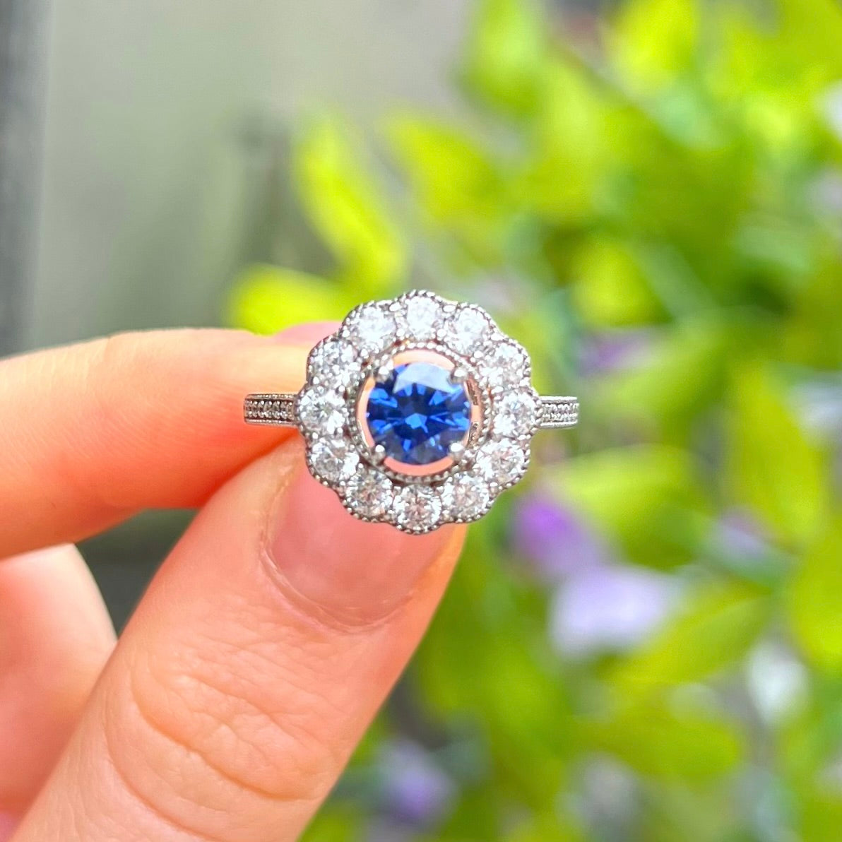 Blue Cubic Zirconia Sterling Silver Halo Ring | Size O ½