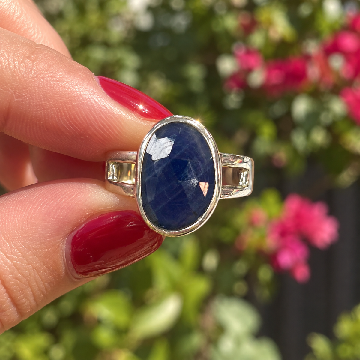 Blue Sapphire Sterling Silver Irregular Oval Ring | Size Q 1/2