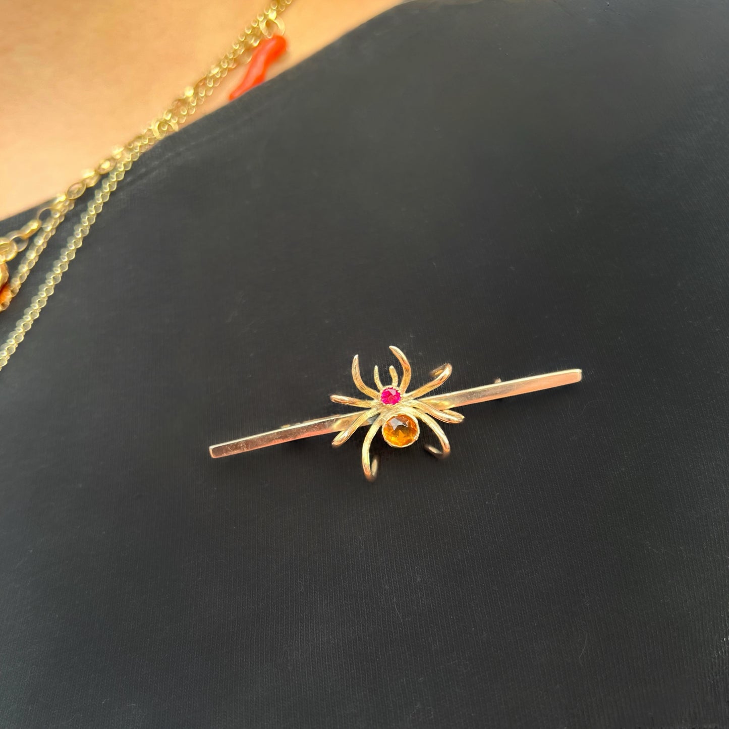 Antique 9ct Gold Citrine and Ruby Spider Bar Brooch