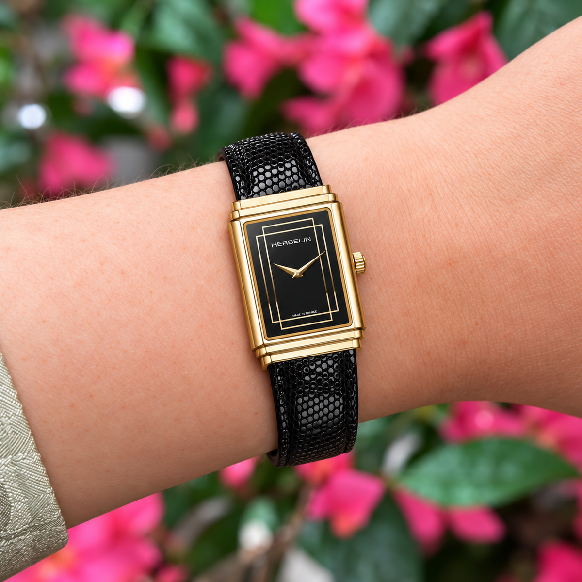 Herbelin | Art Deco 1925 Steel Gold Watch with Black Dial & Leather Strap | Ladies