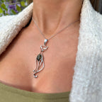 Green Amber Stylised Cat Sterling Silver Necklace