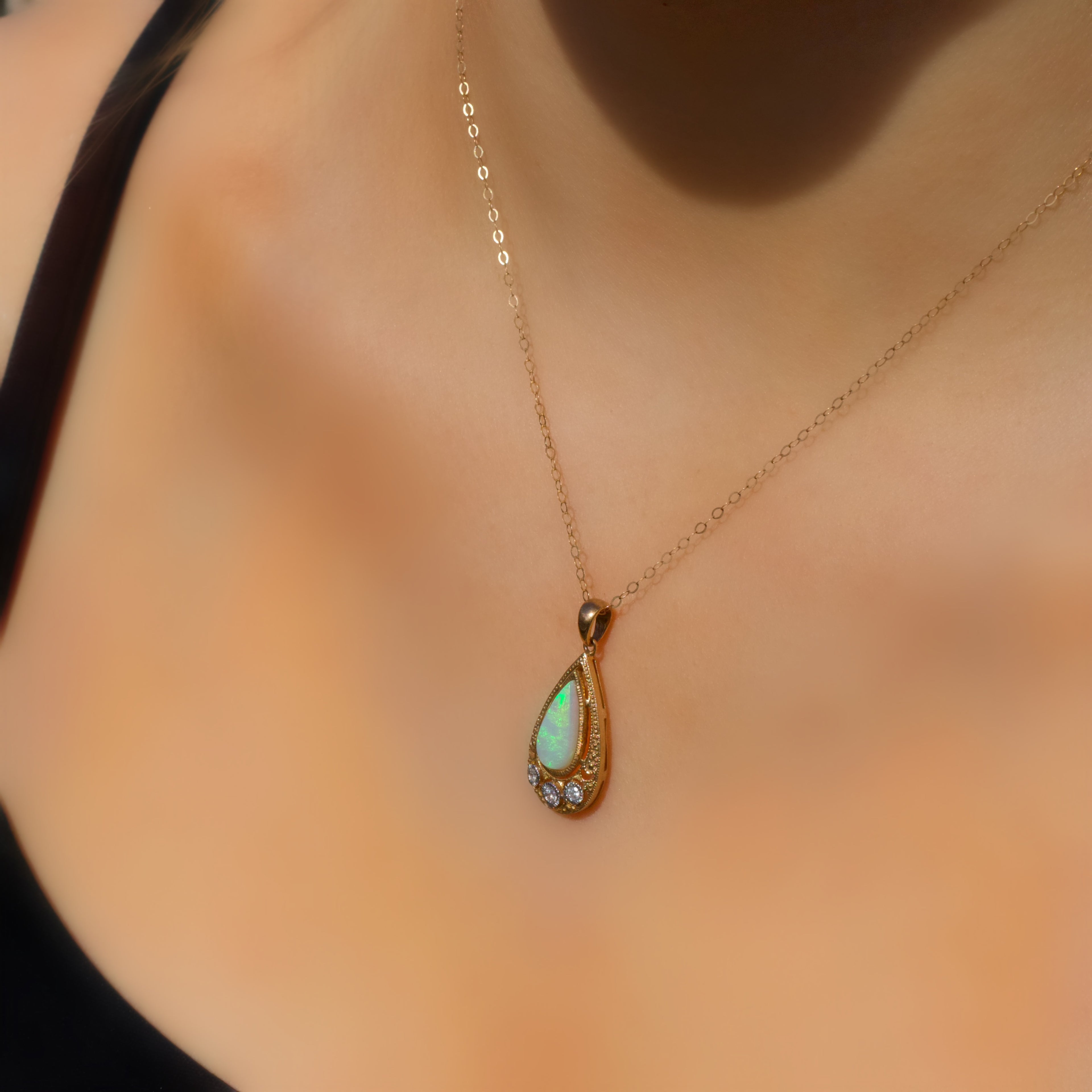 Art Deco Inspired Opal and Diamond 9ct Yellow Gold Necklace