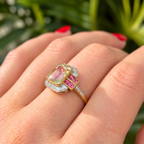 Art Deco Inspired Green Amethyst and Pink Tourmaline 9ct Yellow Gold Ring