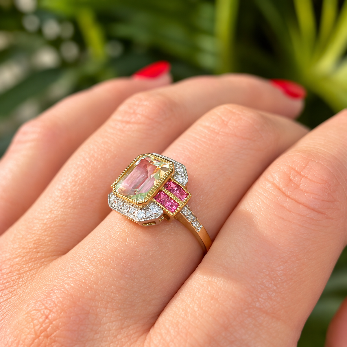 Art Deco Inspired Green Amethyst and Pink Tourmaline 9ct Yellow Gold Ring