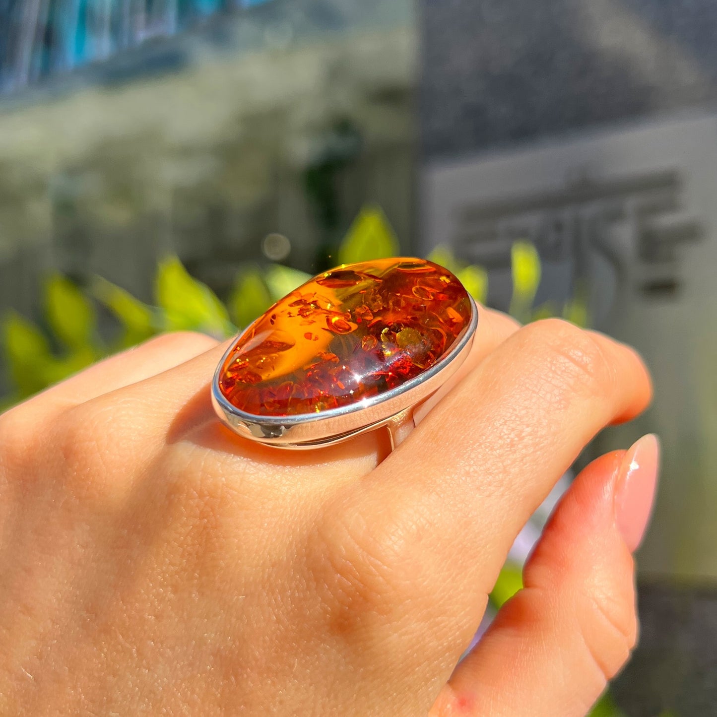 Super Chunky Sterling Silver Orange Amber Ring - Size U
