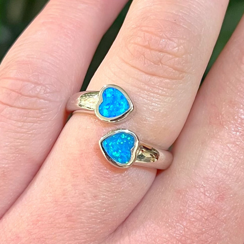Sterling Silver Two Hearts Blue Opal Ring - Adjustable Size