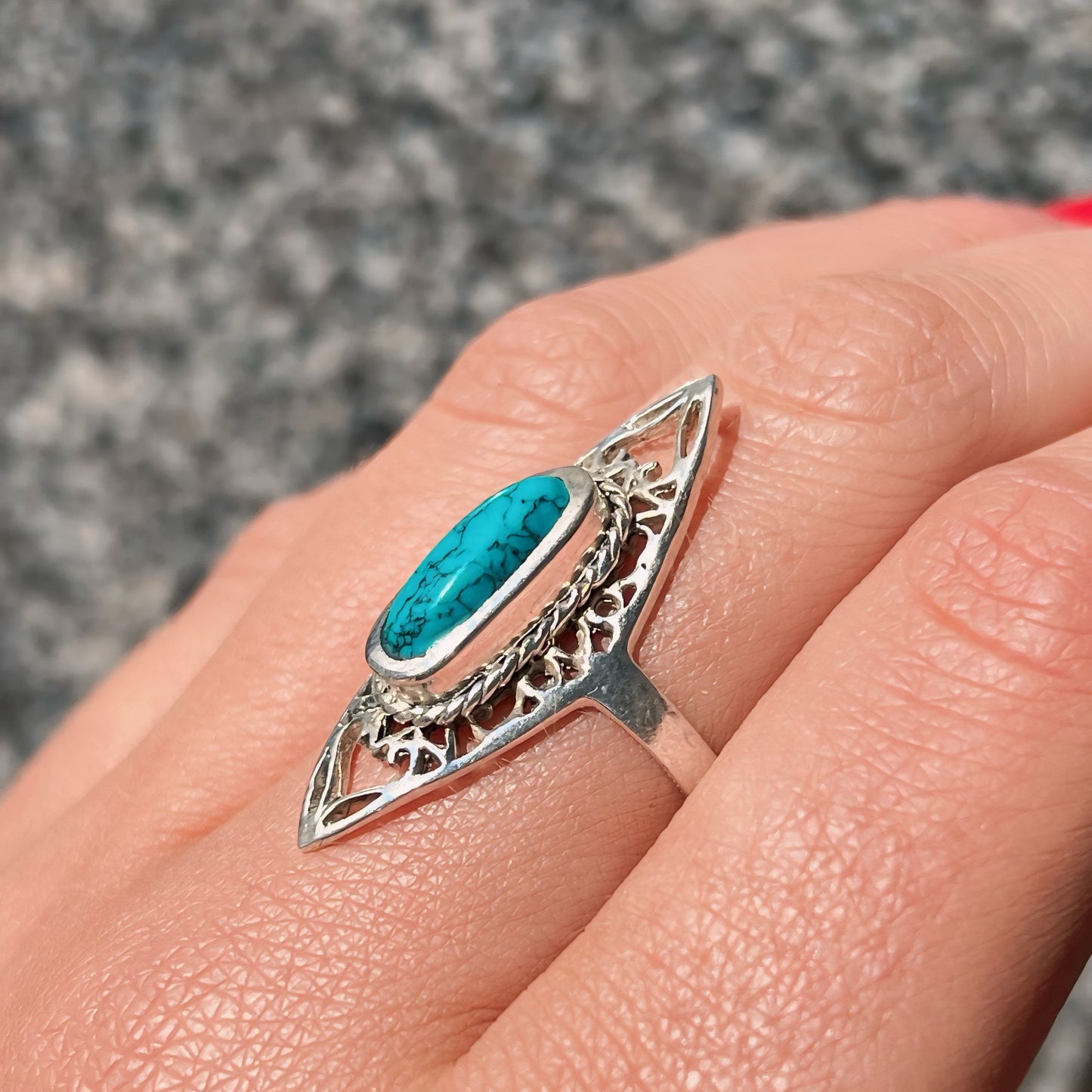 Elongated Sterling Silver Turquoise Filigree Ring - Size M ½