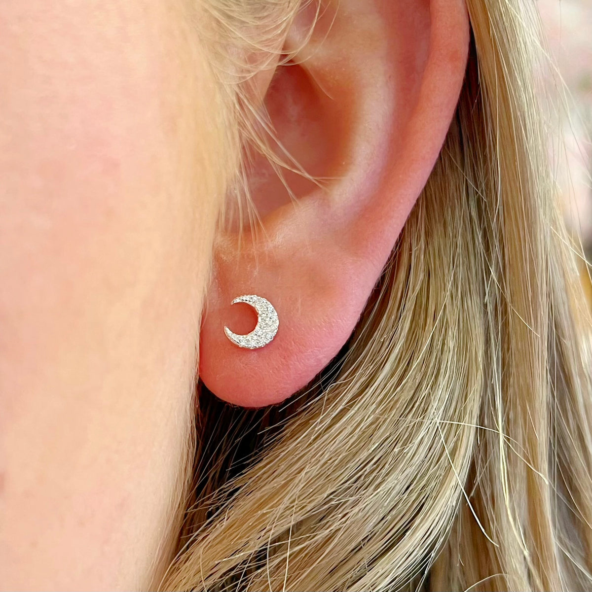 Cubic Zirconia Sterling Silver Half Moon Stud Earrings