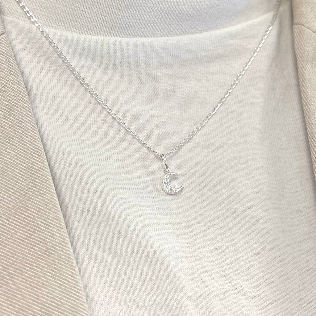 Cubic Zirconia Sterling Silver Moon Necklace