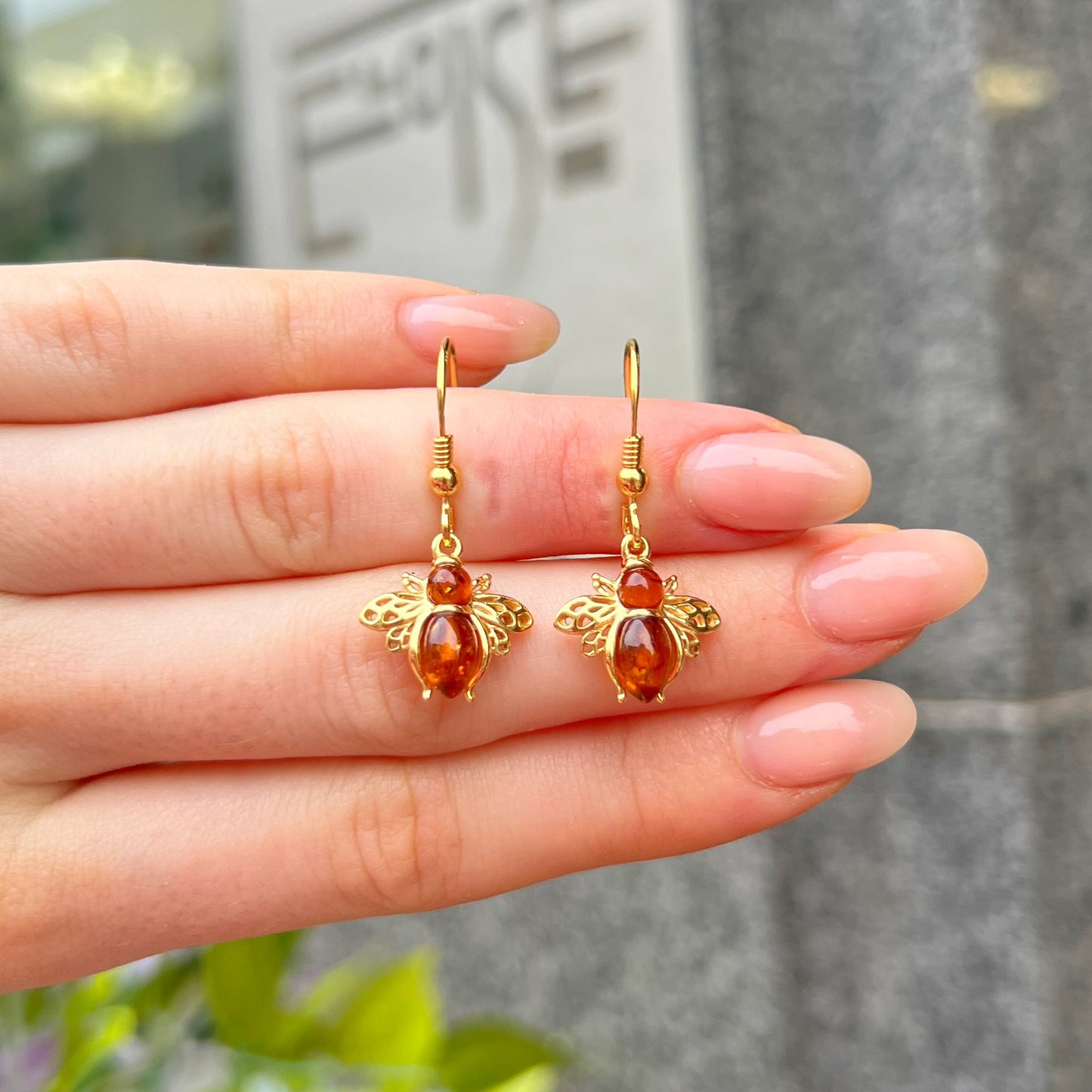 9ct Gold Plated Orange Amber Bee Design Drop Earrings