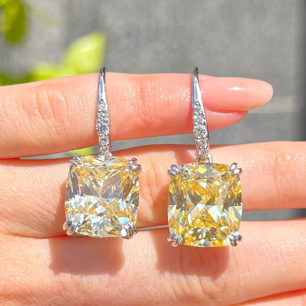 Lemon Yellow Square Cut Cubic Zirconia Sterling Silver Drop Earrings