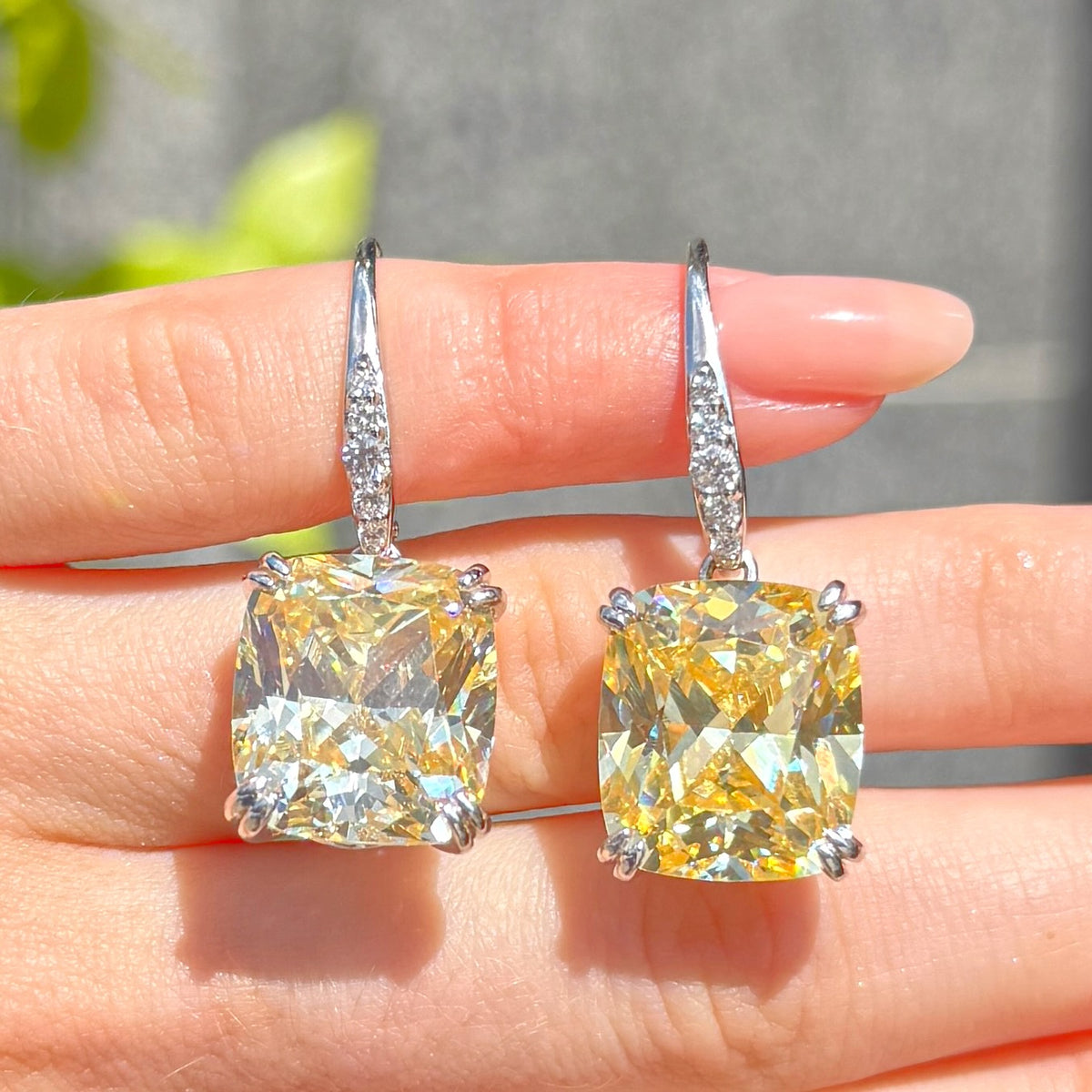 Lemon Yellow Square Cut Cubic Zirconia Sterling Silver Drop Earrings